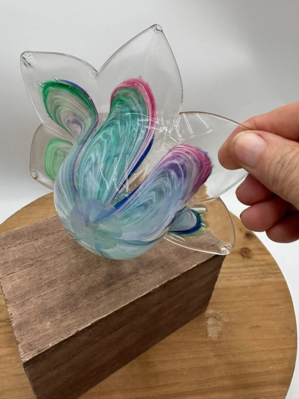 Vtg Murano Crystal Clear Art Glass Multicolor Flower Bowl Votive Pink Blue